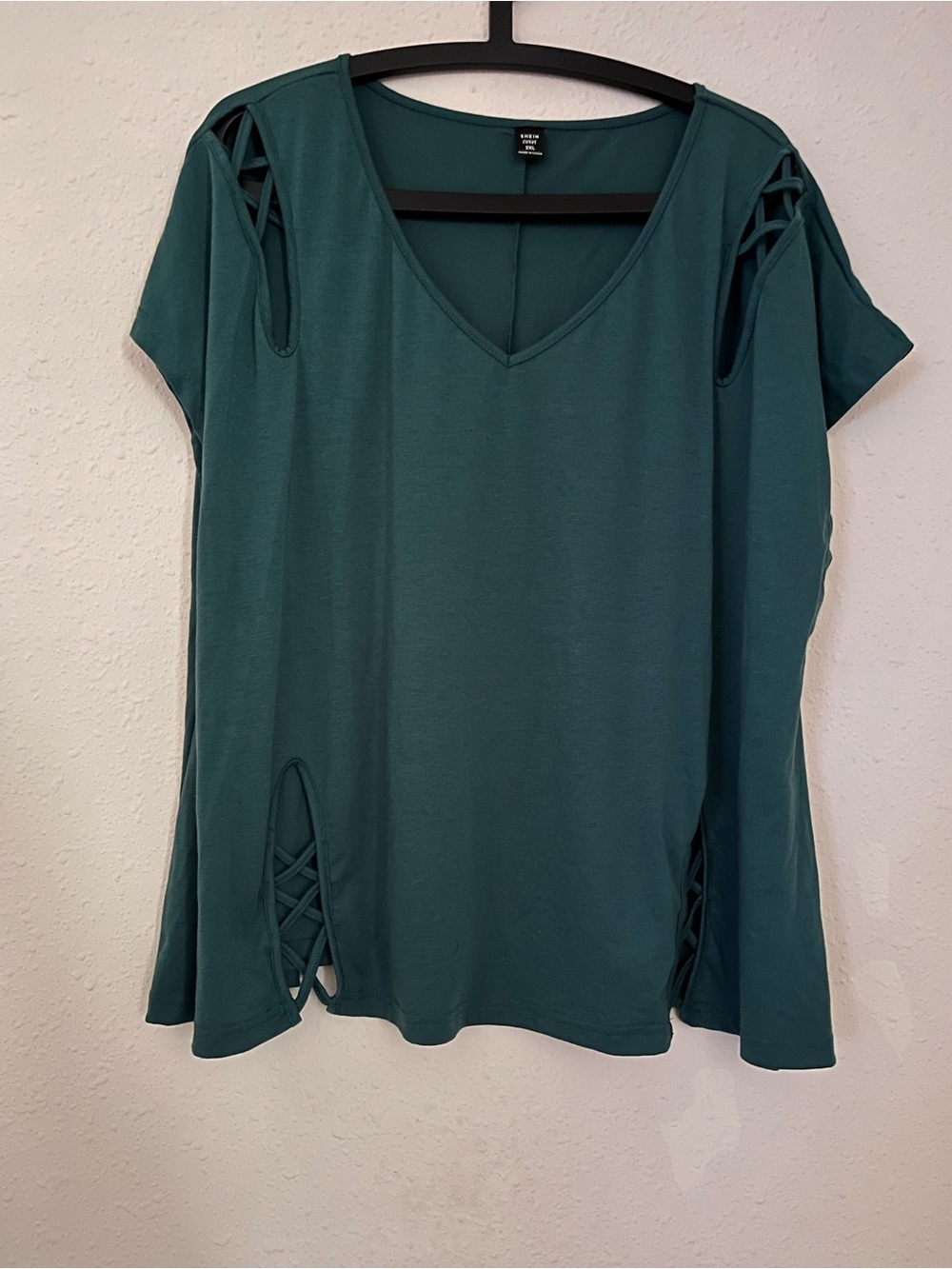 SHEIN Teal Short Sleeve V-Neck Top with Lattice Cutouts